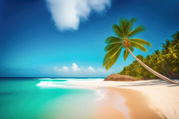 Wall Mural - beautiful seascape tropical beach with yellow sand and palm tree leaning towards turquoise water of 