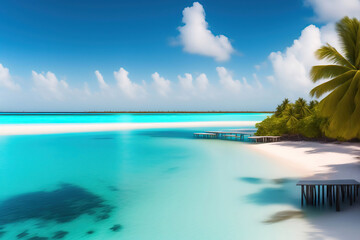 Wall Mural - beautiful seascape tropical beach with white sand and palm tree, turquoise water of ocean on bright 