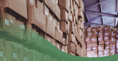 Poster - Green technology background over stack of cardboard boxes in the warehouse
