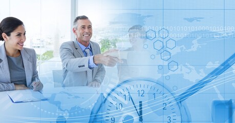 Poster - Composition of happy diverse business team in meeting over interface with world map and clock