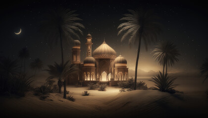 Wall Mural - Mosque and Date Palms at Night with Ramadan Atmosphere - Generative AI