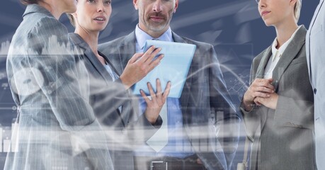 Poster - Composition of happy diverse business team in meeting over interface with graph