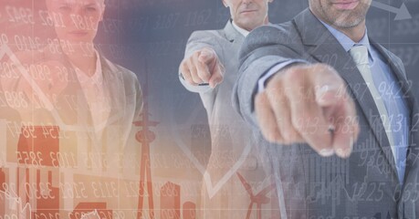Poster - Composition of happy diverse business team pointing fingers over interface with graph