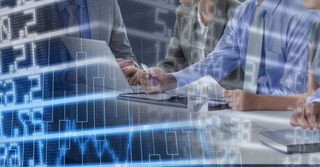 Poster - Composition of happy diverse business team in meeting over interface with graph