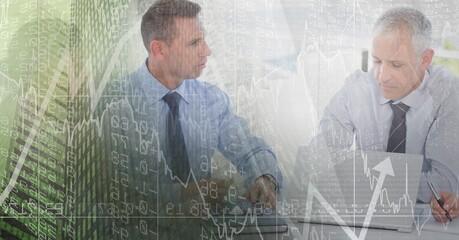 Poster - Composition of happy diverse business team in meeting over interface with graph