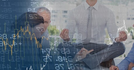 Poster - Composition of happy diverse business team in meeting meditating over interface with graph
