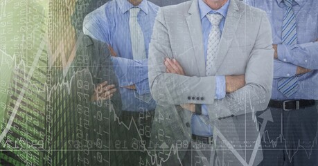 Poster - Composition of happy diverse business team crossing arms over interface with graph