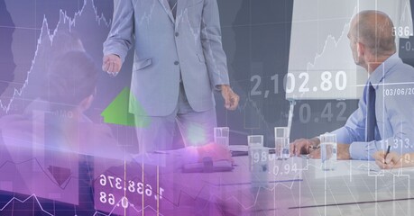 Poster - Composition of happy diverse business team in meeting over interface with graph