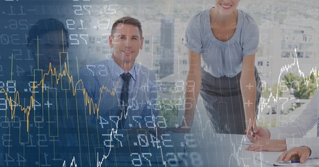 Poster - Composition of happy diverse business team in meeting over interface with graph