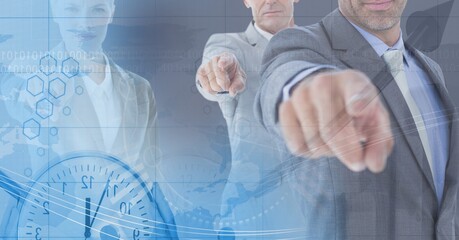 Poster - Composition of happy diverse business team pointing fingers over interface with clock