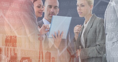 Poster - Composition of happy diverse business team in meeting over interface with graph