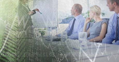 Poster - Composition of happy diverse business team in meeting over interface with graph