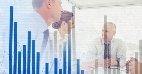 Poster - Composition of happy diverse business team in meeting over interface with graph