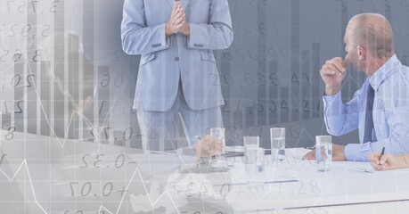 Poster - Composition of happy diverse business team in meeting over interface with graph