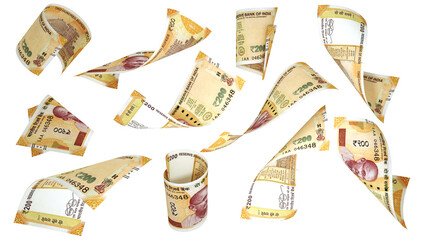 Aufkleber - 3D rendering of 200 Indian rupee notes flying in different angles and orientations 