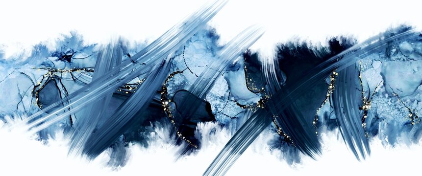 Wall Mural -  - Abstract fluid art painting alcohol ink, deep blue and gray paint brush, free copy space, white canvas, contrast white, liquid design illustration, wallpaper background with decoration elements, gold