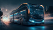 © BlazingDesigns - Future of urban autonomous mobility city bus. Public transport. Autonomous electric bus self driving on night street.