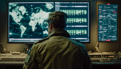 Command and control, military soldier working at a war room control panel, Generative AI