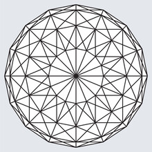 Rounded Shape With Triangles Grid Segments. Polygon Mesh Sphere,  Sacred Geometry. Mandala Circle Ornament. Lattice Of Geometric Shapes. Abstract Figure. Platonic Bodies. Pentagram Sign. Vector