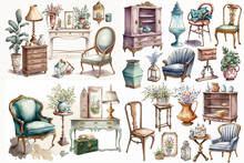 Watercolor Illustration Of Vintage Classic Furniture Collection On White Background - AI Generative