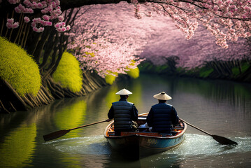 Two people in a Japanese kasa hat are sailing on a wooden boat with oars on the river during the sakura (cherry blossom) season, beautiful sakura flowers festival, japan. AI