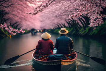two people in a japanese kasa hat are sailing on a wooden boat with oars on the river during the sak