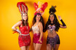 Horizontal, half-body shot of three Brazilian friends in carnival outfits. posing for photo.