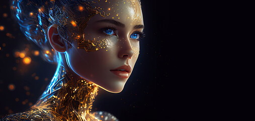 Poster - A humanoid cyber girl with a neural network thinks. Gold robot woman or humanoid cyber girl. Artificial intelligence with a digital brain is learning to process big data. Generative Ai