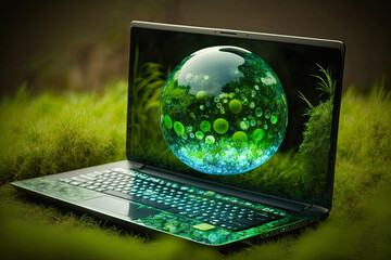 Wall Mural - Green Globe and laptop, green bussines concept, generative ai 