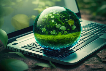 Wall Mural - Green Globe and laptop, green bussines concept, generative ai 