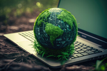 Wall Mural - Green Globe and laptop, green bussines concept, generative ai 