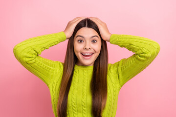 Sticker - Photo of astonished cheerful girl arms touch head cant believe isolated on pink color background