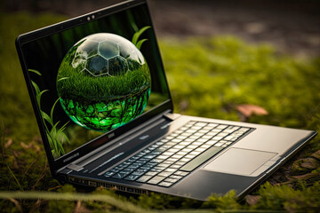 Wall Mural - Green Globe and laptop, green bussines concept, generative ai 