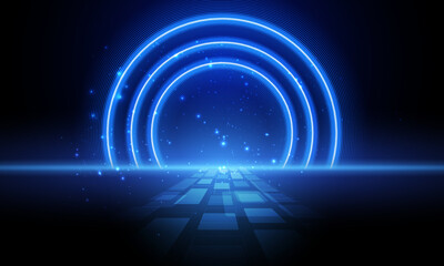 Fototapete - abstract rings backgrounds blue tunnel with lights for signs corporate, advertisement business, social media post, billboard agency, ads campaign marketing, motion video, landing page, website header