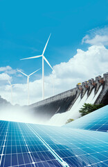 electricity from solar panels, dams, and wind turbines. environmentally-friendly renewable energy co