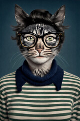  studio portrait of a cat person wearing glasses created with generative ai