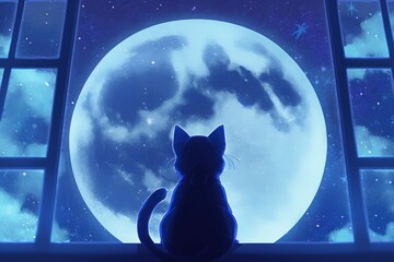 Wall Mural - Anime cat looking at the moon on starry night illustration generative ai