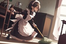 Pretty Anime Maid Girl Cleaning The Room Illustration Generative Ai