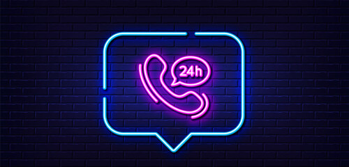 Poster - neon light speech bubble. 24 hour service line icon. call support sign. feedback chat symbol. neon l