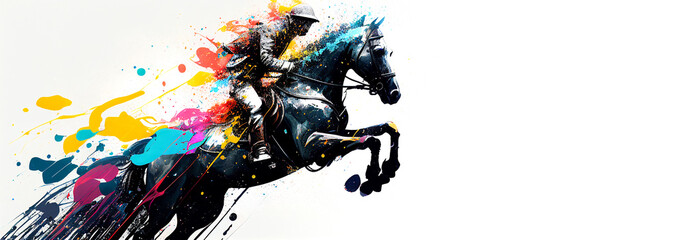 Wall Mural - Equestrian sport horse jump colorful splash horizontal banner on white background copy space. Generative AI illustration