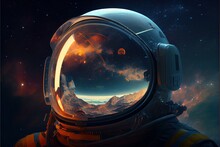 Abstract Portrait Of Cosmonaut That Is In The Space Suit. Reflection Of The Mars Planet In The Helmet Glass. Generative AI