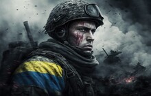 Abstract Portrait Of Ukrainian Soldier On The Battlefield On The War. Generative AI