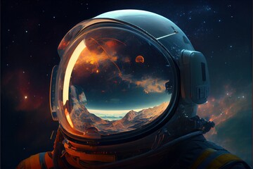 abstract portrait of cosmonaut that is in the space suit. reflection of the mars planet in the helme