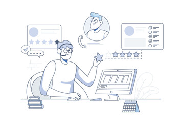 Poster - Call center line concept with people scene in the flat cartoon style. Employee of call center answers the client's questions to help him with some problems. Vector illustration.