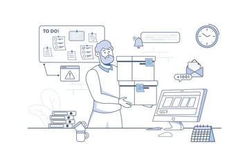 Aufkleber - Line concept deadline with people scene in the flat cartoon style. Worker is truing to put all things in order before the deadline. Vector illustration.
