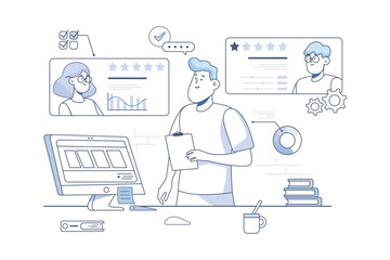 Poster - Recruiting line concept with people scene in the flat cartoon style. Manager analyzes and evaluates resumes of candidates for positions in the company. Vector illustration.