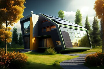 Wall Mural - Eco friendly modern house. Green energy illustration. Solar and geothermal power. concept. Generative AI