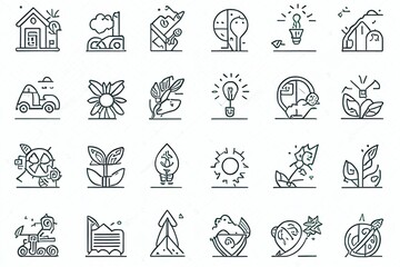 Wall Mural - Ecology or Eco Icons Set. Collection of linear simple web icons such as Recycling, Alternative Green Energy Source and other. Generative AI