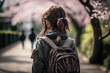 © Hiro Lumiere - Elementary school girl walking along the cherry blossom tree-lined road, Generative AI