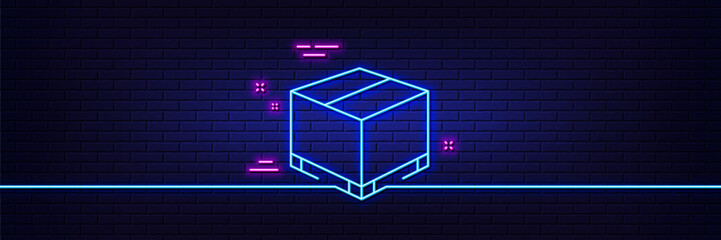 Poster - Neon light glow effect. Parcel box line icon. Logistics delivery sign. Package tracking symbol. 3d line neon glow icon. Brick wall banner. Delivery box outline. Vector